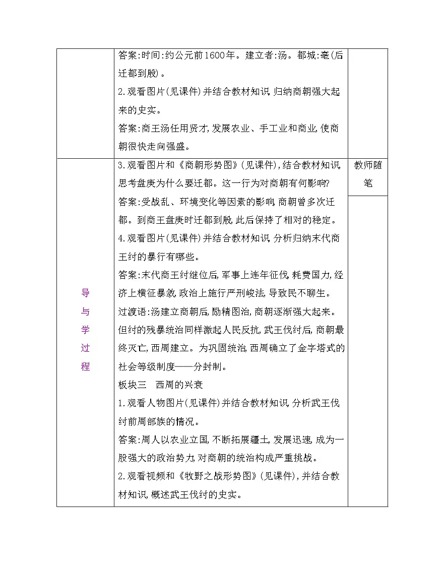 统编版(2024)七年级上册历史第二单元 夏商周时期:奴隶制王朝的更替和向封建社会的过渡(第4~8课)教案(表格式)第3页