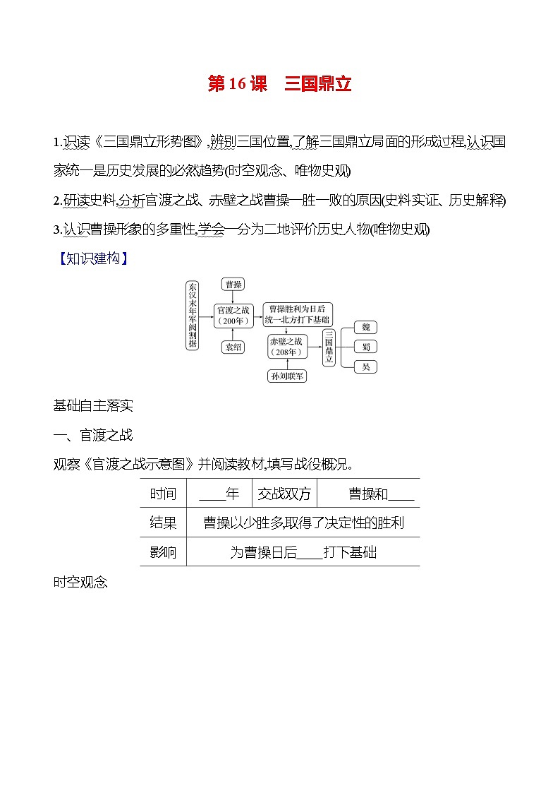 2024-2025 部编版历史 七年级上册 第四单元 第16课 三国鼎立 导学案(学生版)第1页