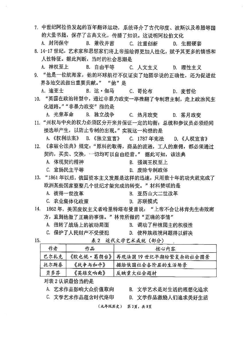 福建省莆田市仙游县2024-2025学年上学期九年级期末考历史试卷第2页