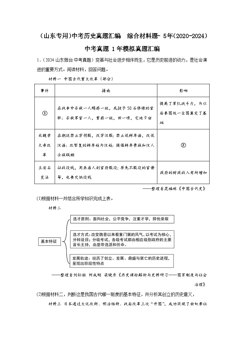 中考历史真题汇编——(山东)综合材料题(含答案)第1页