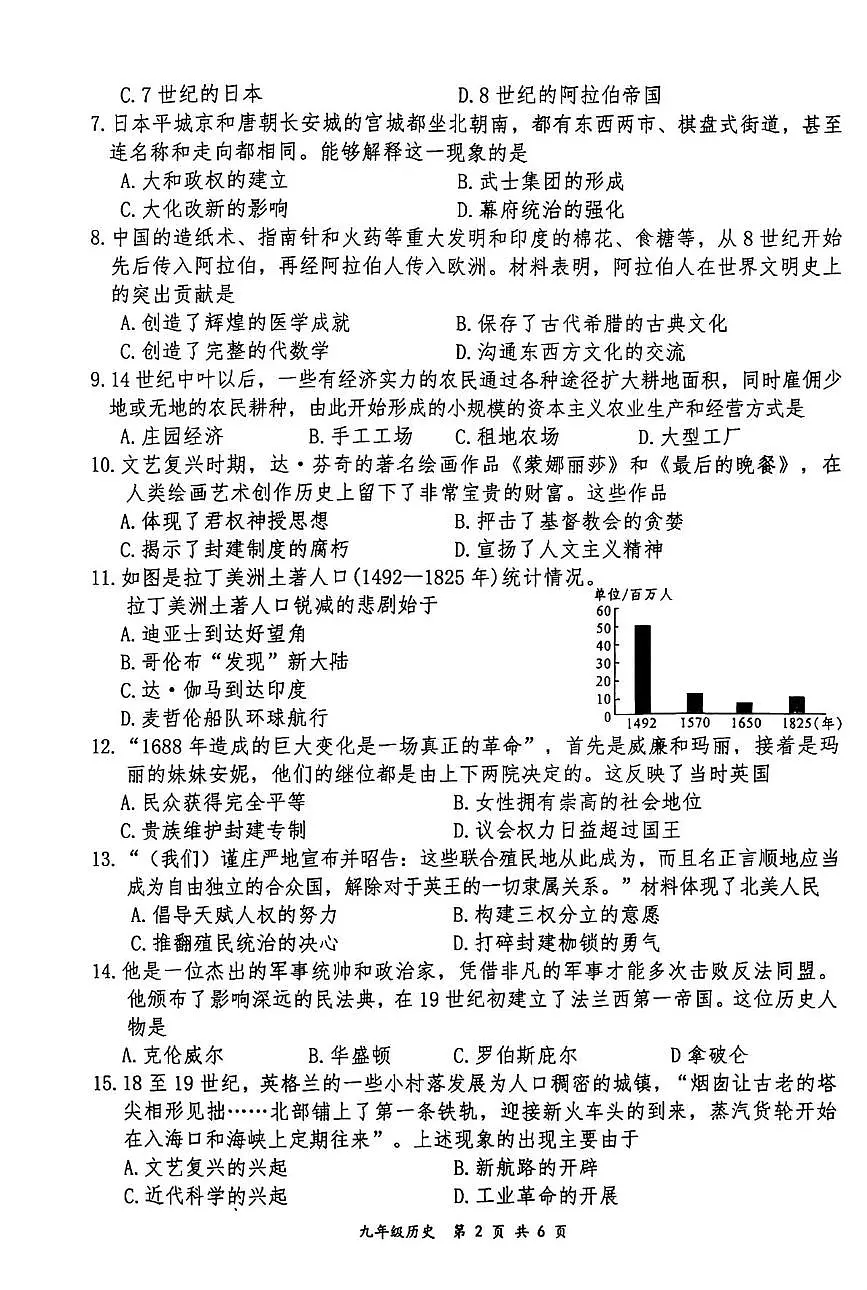 湖南省娄底市双峰县20205-2026学年九年级上学期期末考试历史试卷第2页