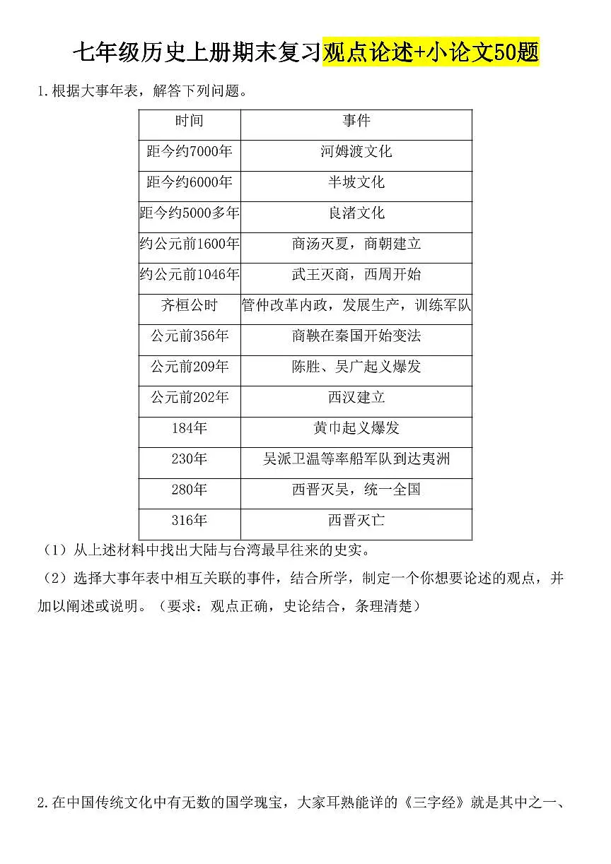 2024版人教版七年级上册历史期末复习观点论述+小论文专练50题(含答案)_第1页