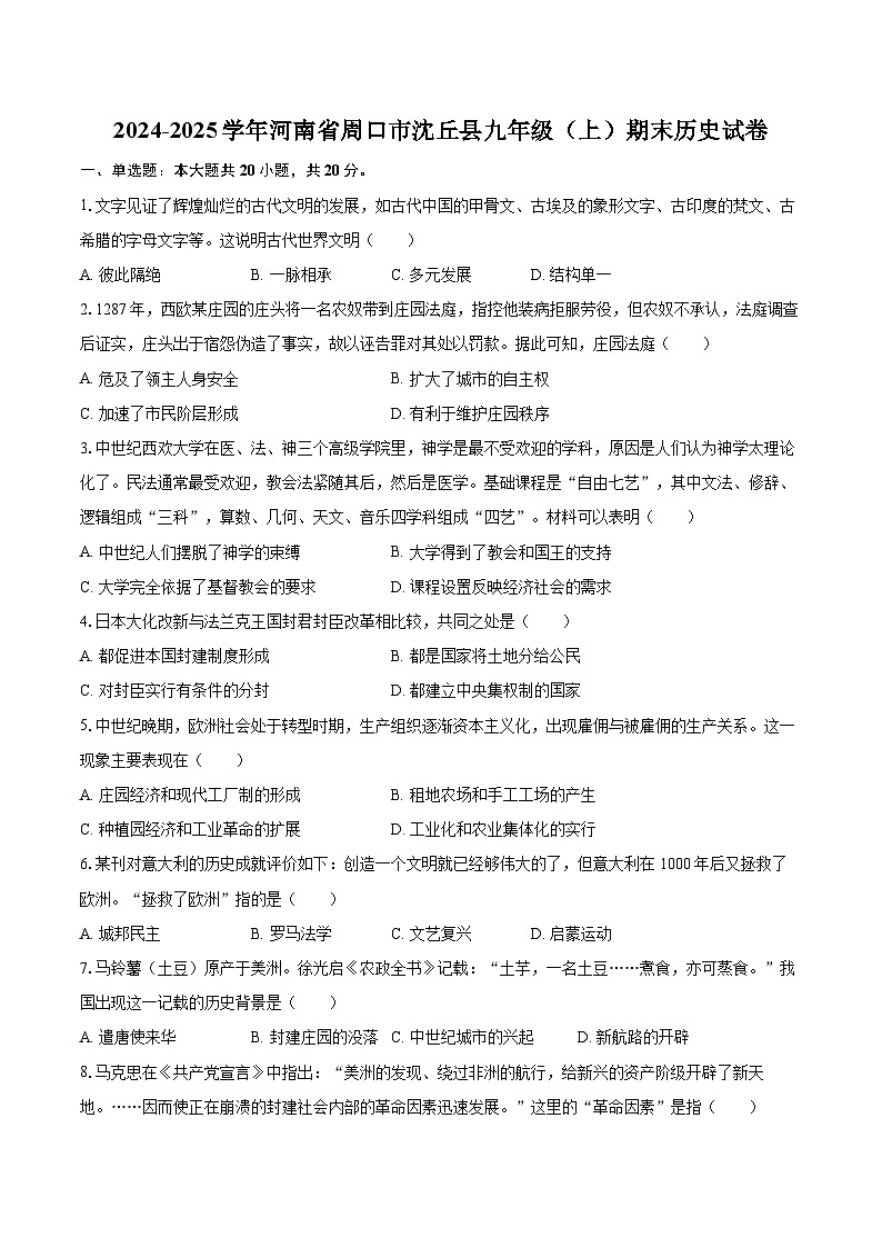 2024-2025学年河南省周口市沈丘县九年级(上)期末历史试卷-自定义类型第1页