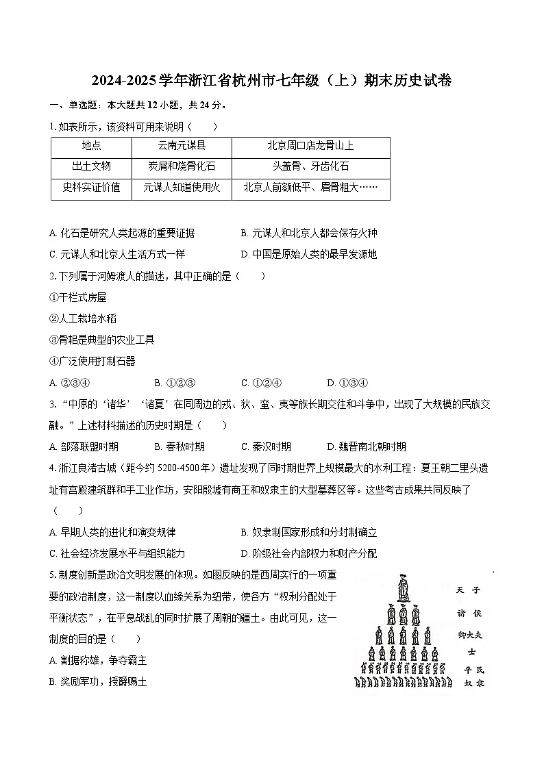2024-2025学年浙江省杭州市七年级(上)期末历史试卷-自定义类型第1页