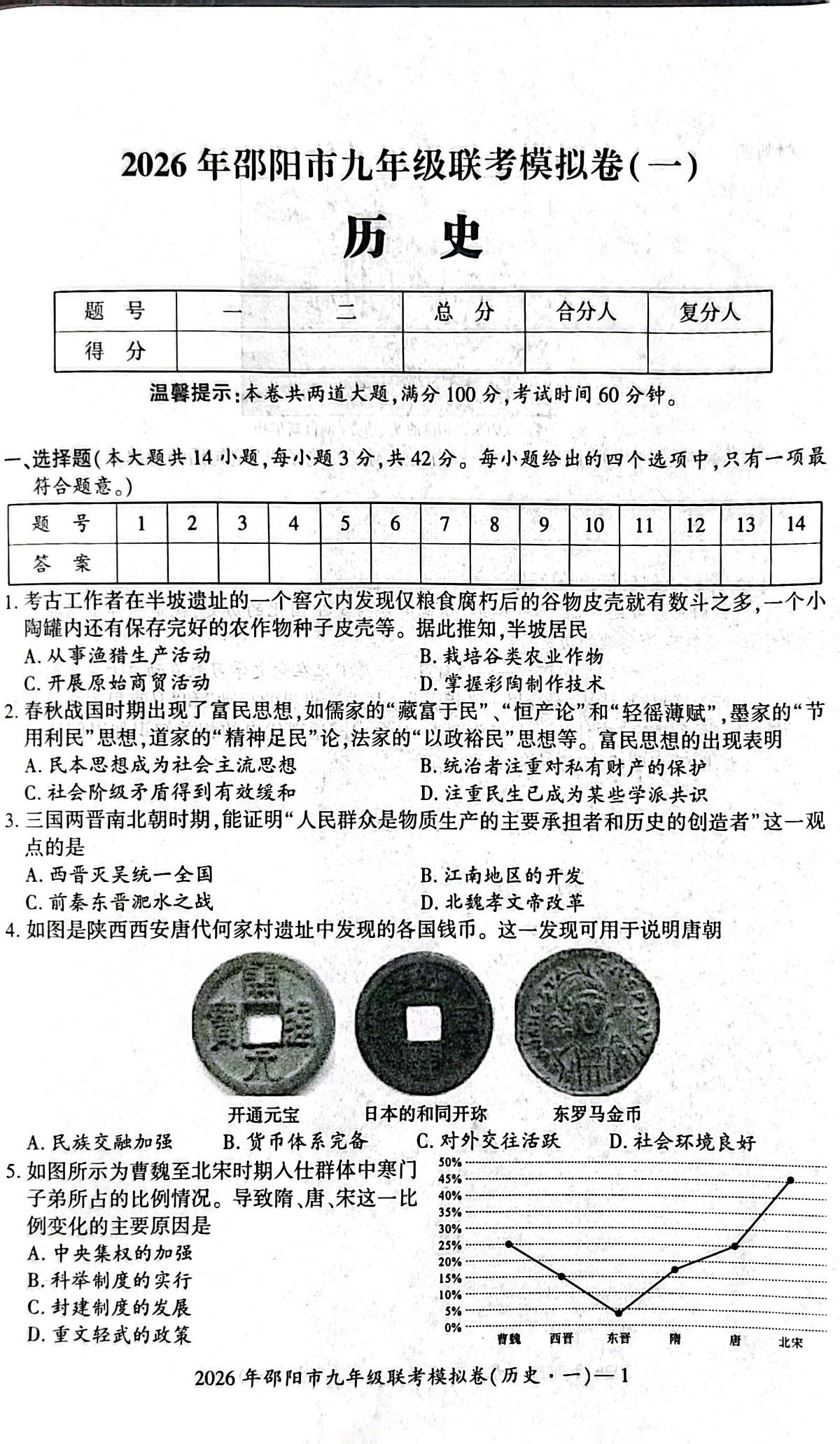 2026年湖南省邵阳市九年级联考一模历史试题 (中考模拟)第1页