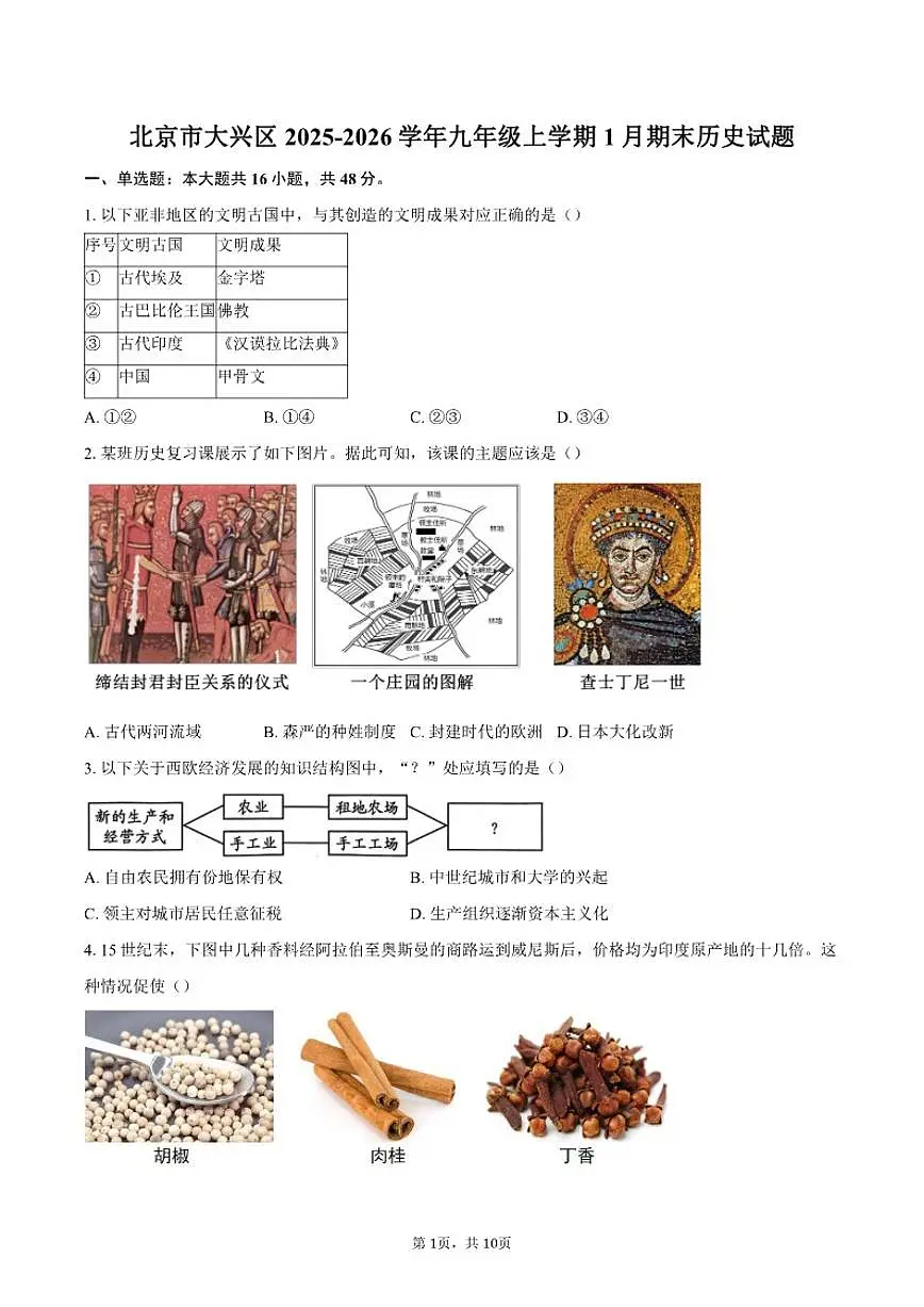 2025-2026学年北京市大兴区九年级上学期1月期末历史试题(含答案)第1页