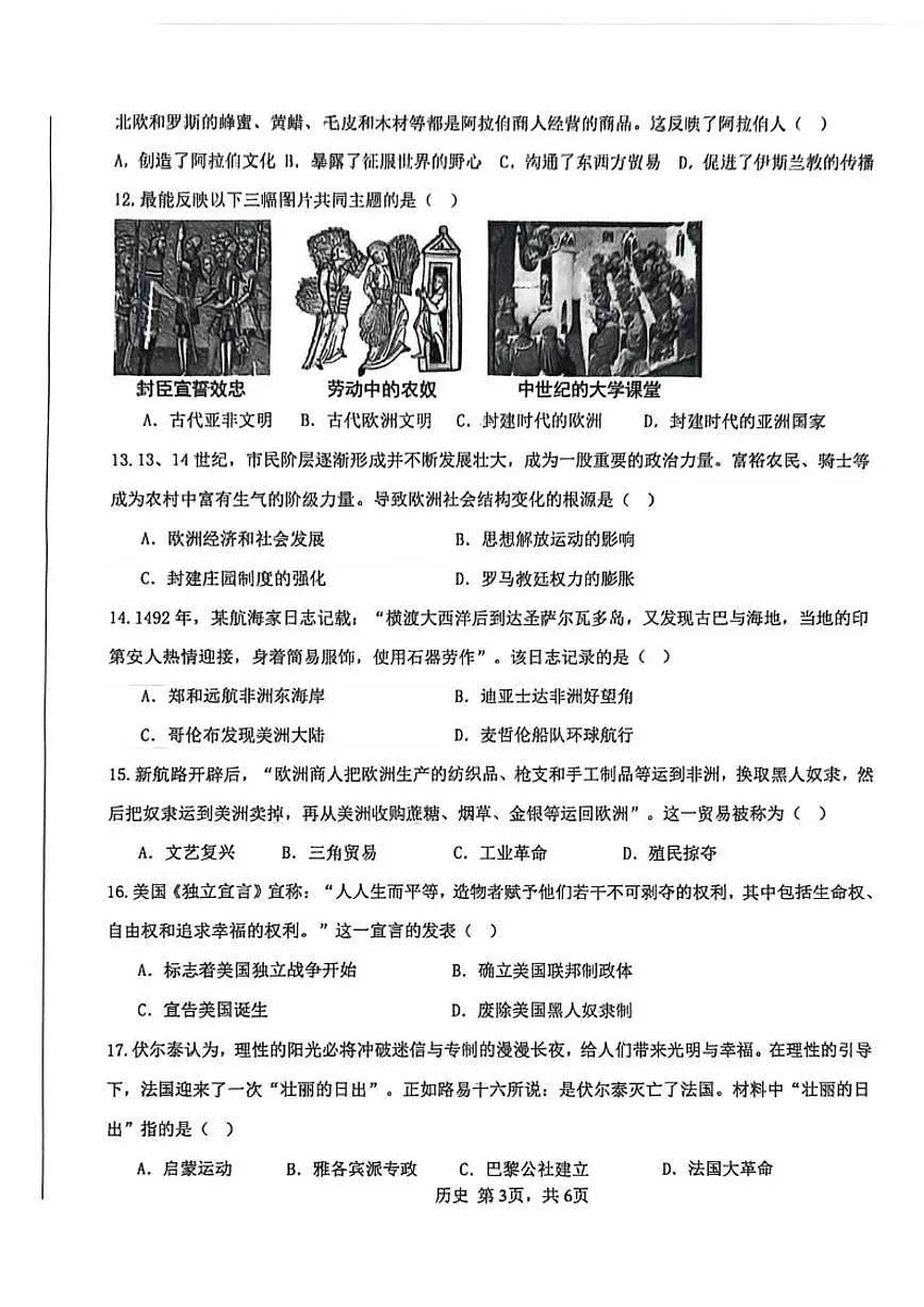 2025-2026学年西藏自治区林芝市九年级上学期期末历史试卷(有答案)第3页