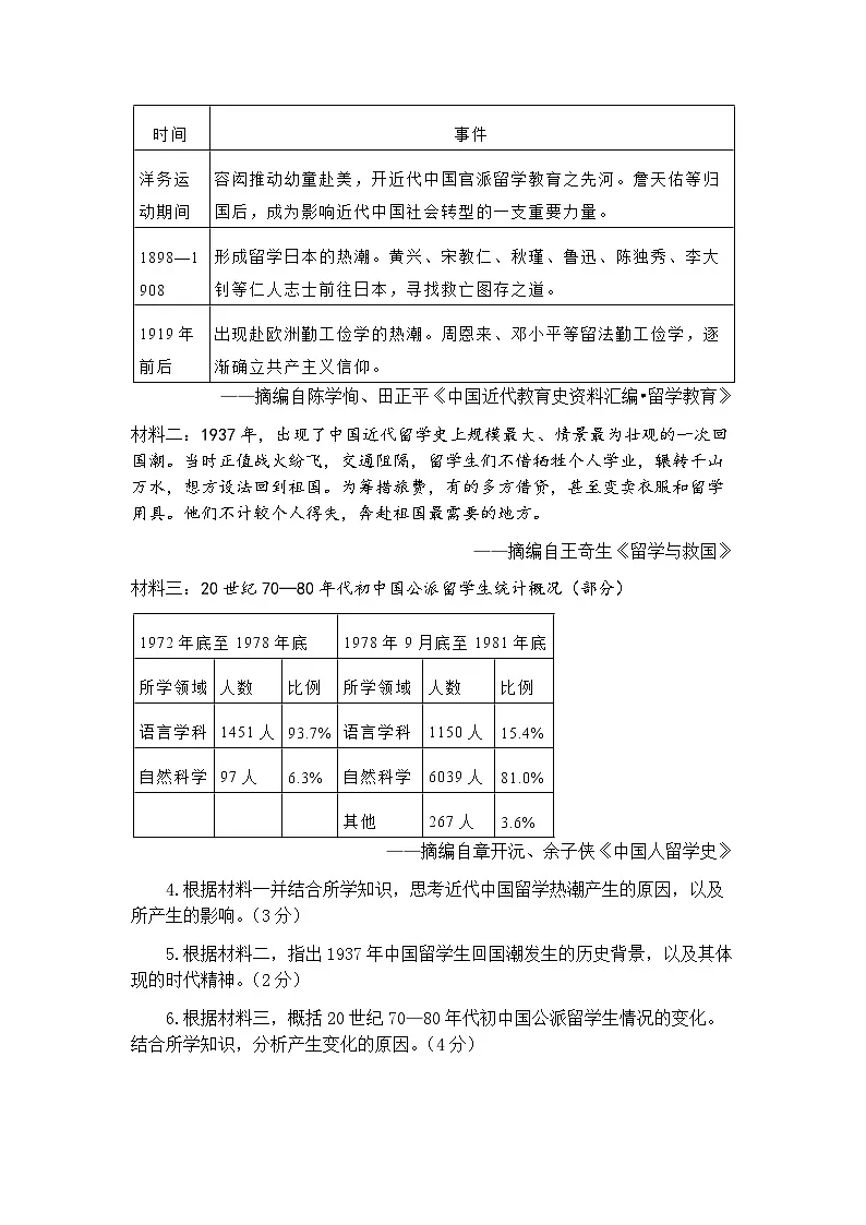 2026年上海市闵行区中考一模初三年级历史试题及答案第3页