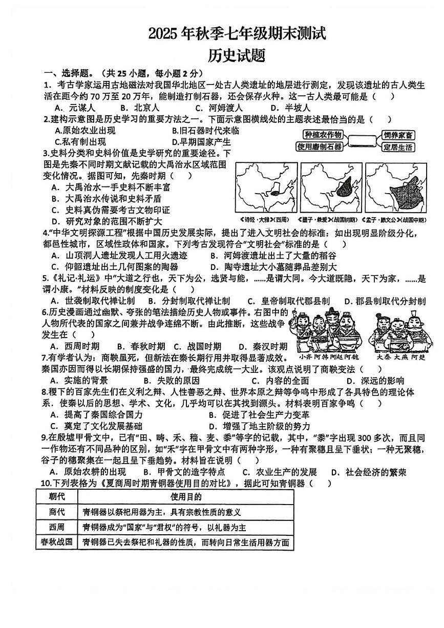 四川省达州市开江县永兴中学2025-2026学年上学期七年级期末测试历史试题第1页