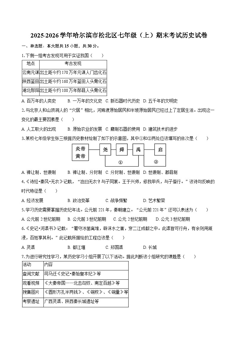2025-2026学年黑龙江省哈尔滨市松北区七年级(上)期末历史试卷(含答案)第1页