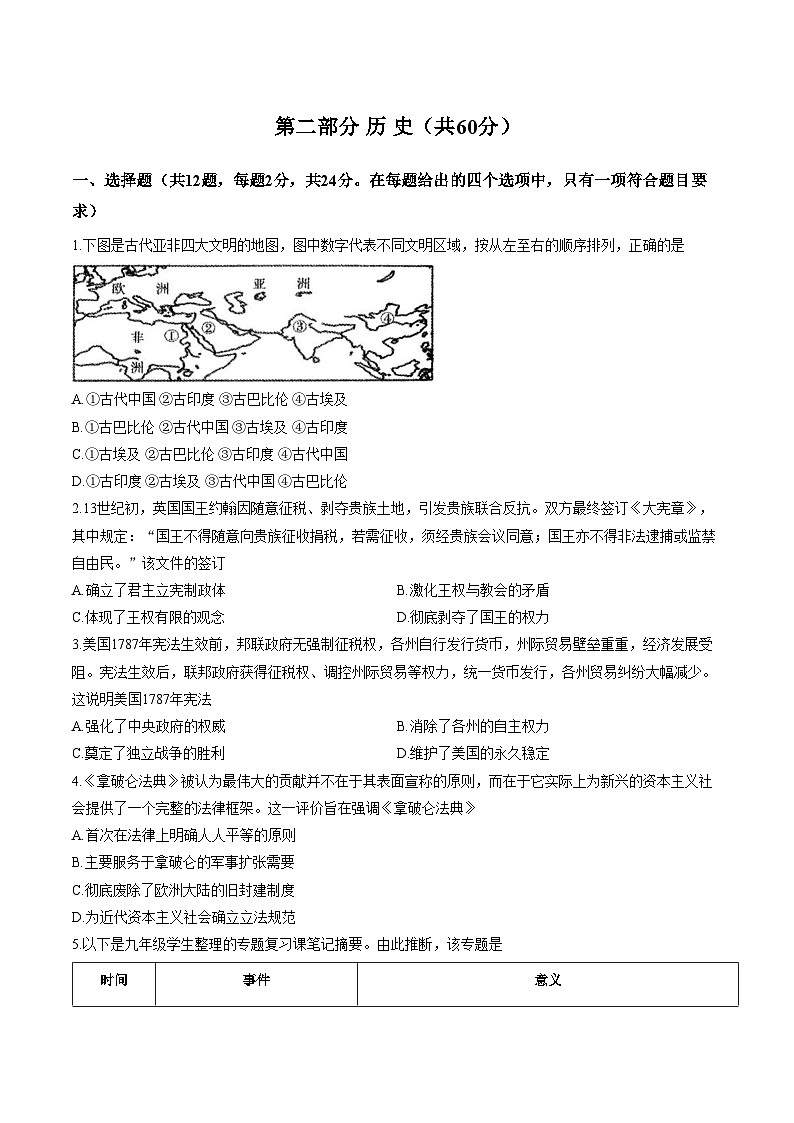 湖北省襄阳市谷城县石花镇2025_2026学年九年级上学期期末考试历史试题(扫描版,含答案)第1页
