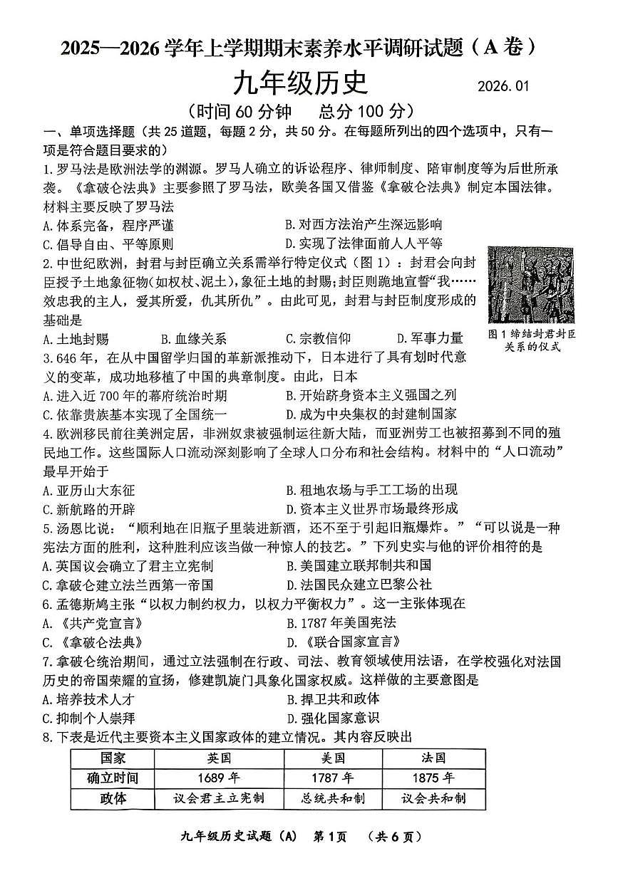 山东省临沂市罗庄区2025-2026学年上学期期末考试九年级历史试卷(A)第1页