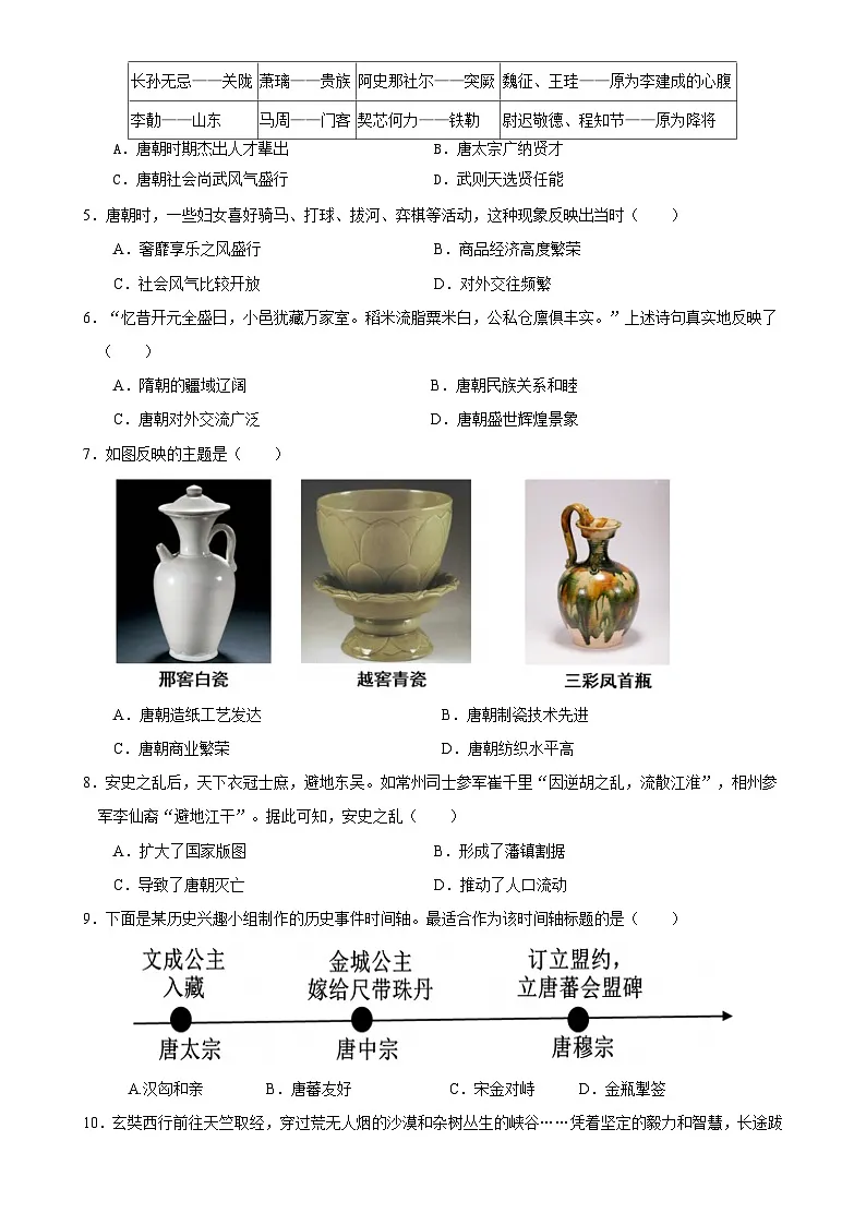 七年级下册历史期中测试(试卷)-A4第2页