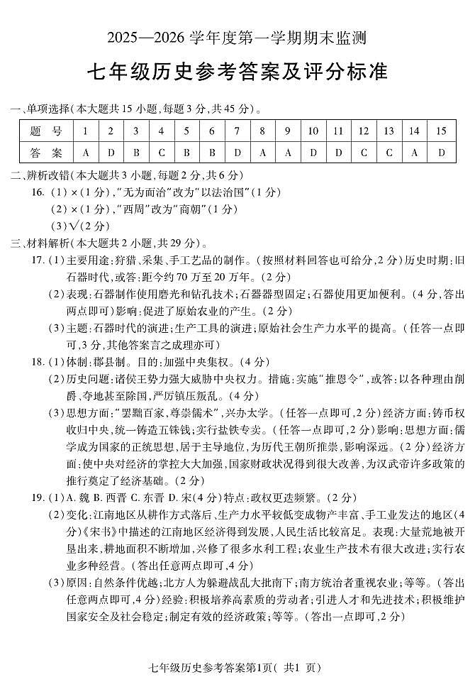 安徽省蚌埠市2025—2026学年度第一学期期末监测七年级历史答案第1页