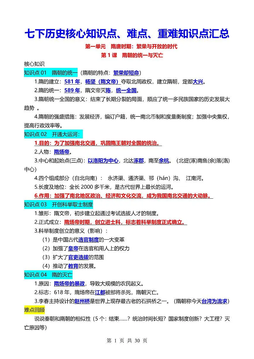 2024版人教版七年级下册历史期中复习必考知识点汇总第1页