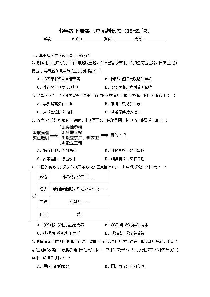 第三单元测试卷(15-21课)(含答案)-人教版初中历史七年级下册第1页