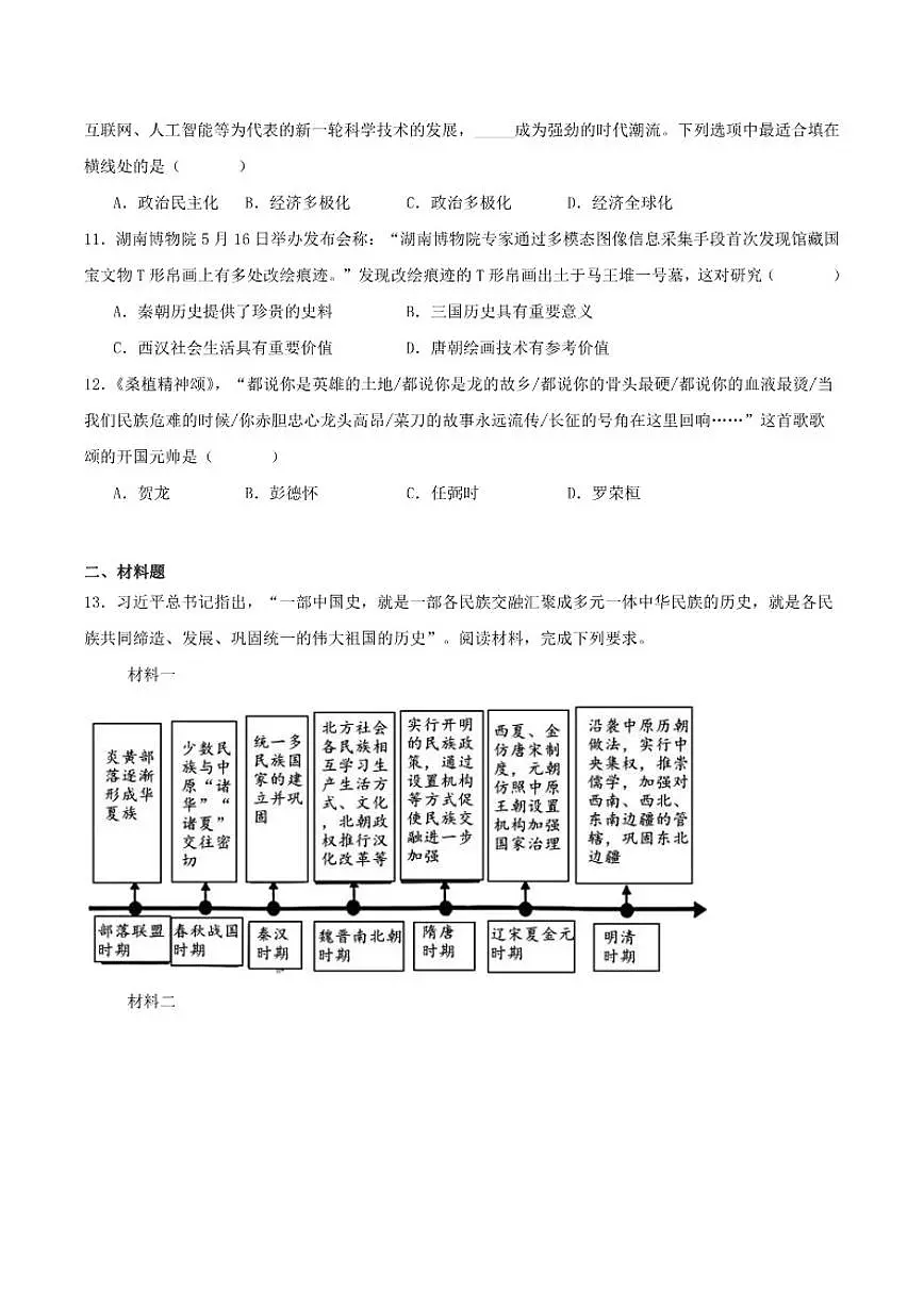2025届湖南省长沙市雅礼集团九年级中考二模历史试卷(含答案)第3页