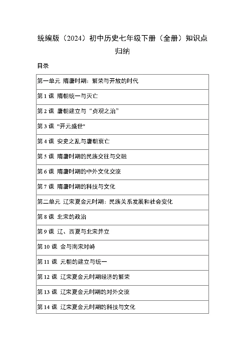 2025-2026学年人教版(2024)初中历史七年级下册(全册)知识点复习要点归纳第1页