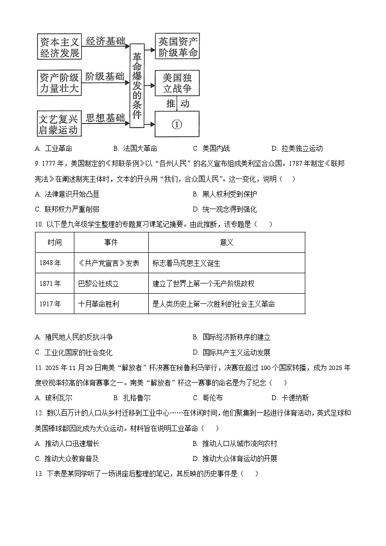 河南信阳市息县2025-2026学年度九年级上学期期末学业质量监测历史试题(试卷+解析)第3页