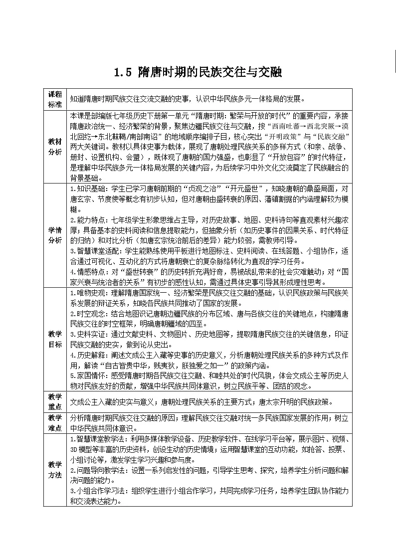 1.5 隋唐时期的民族交往与交融(智慧课堂表格式教学设计)-2025-2026学年部编版(2024年新课标)七年级历史下册第1页