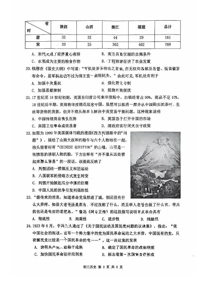 2025年4月深圳市多校初三质量检测历史试卷含答案第2页