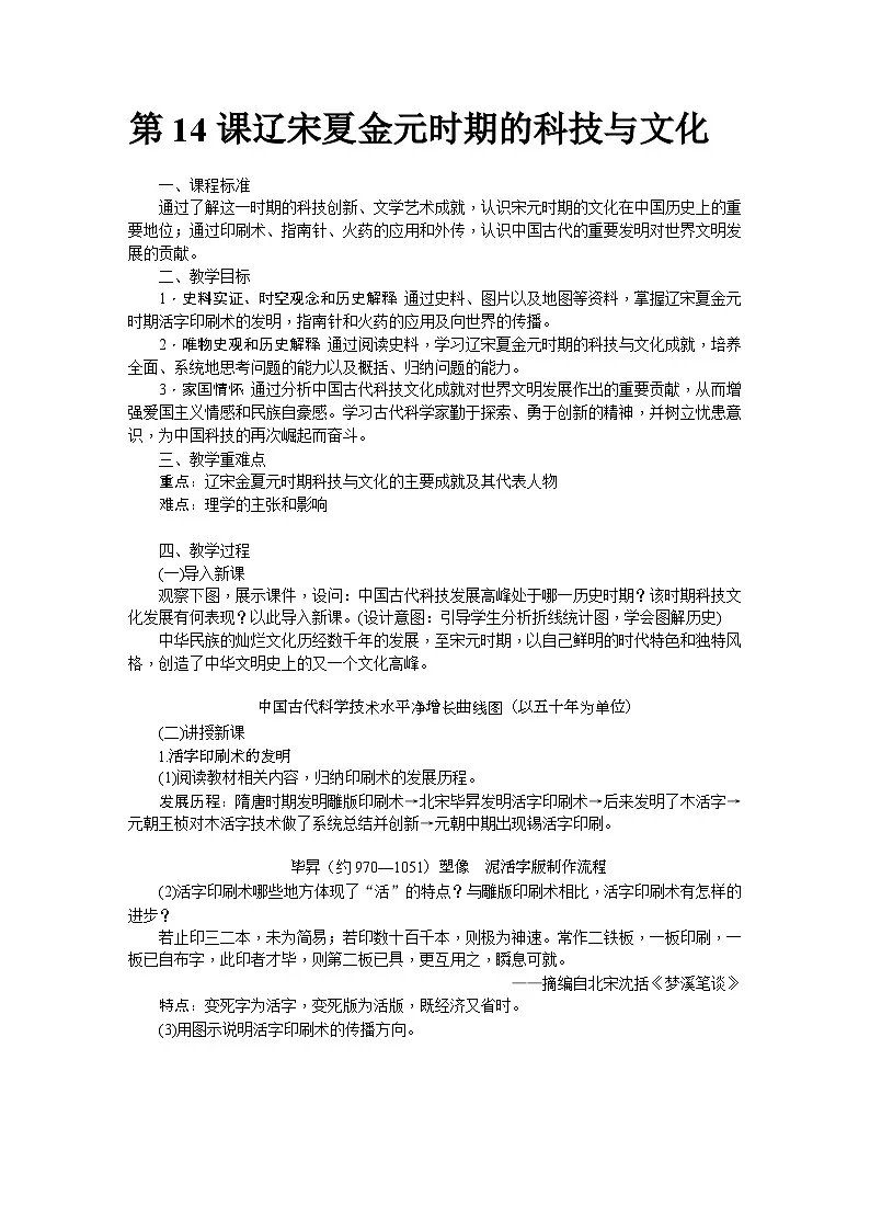 第14课 辽宋夏金元时期的科技与文化 教学设计-2025--2026学年七年级 历史·下册(统编版)第1页