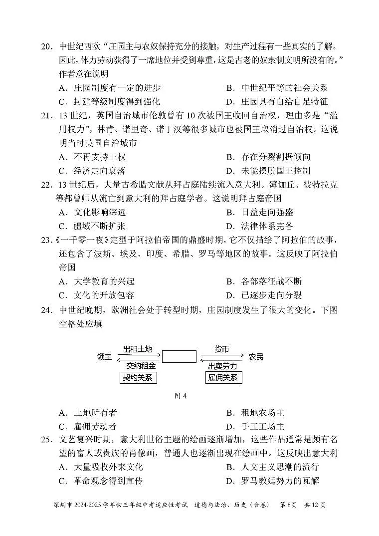 2024-2025学年深圳市初三中考适应性考试历史试卷(含答案)第2页