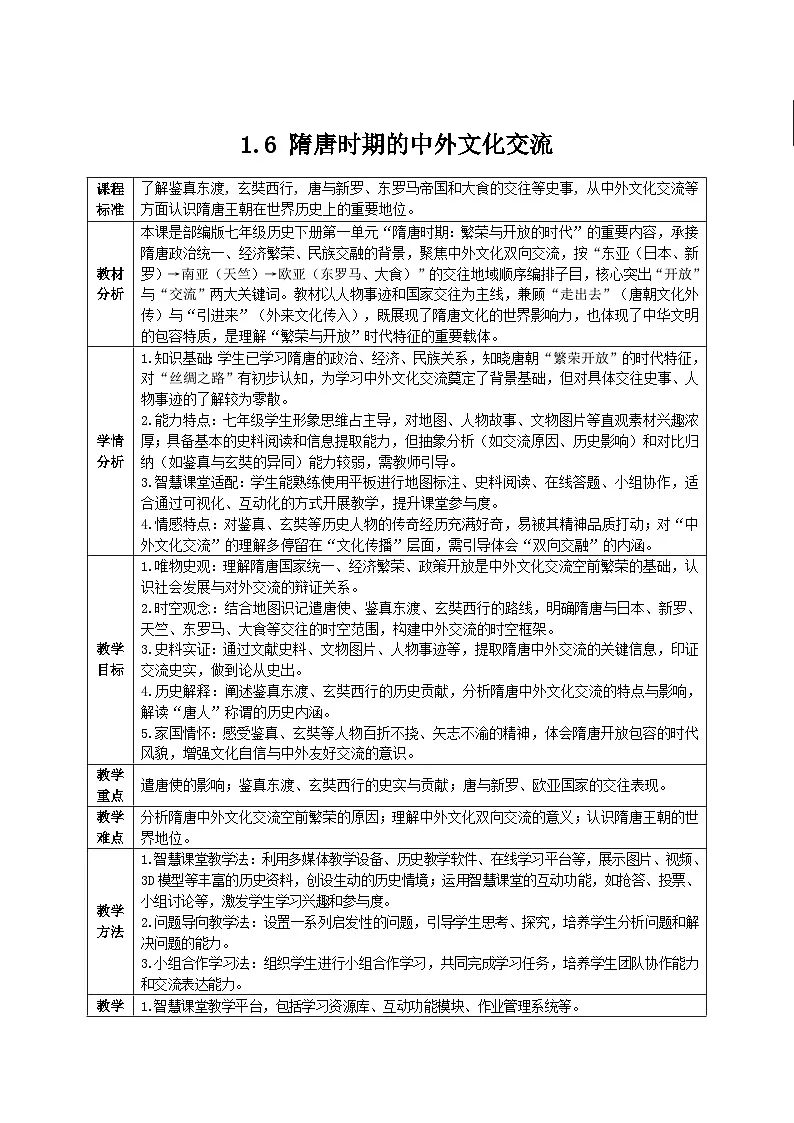 1.6 隋唐时期的中外文化交流(智慧课堂表格式教学设计)-2025-2026学年部编版(2024年新课标)七年级历史下册第1页