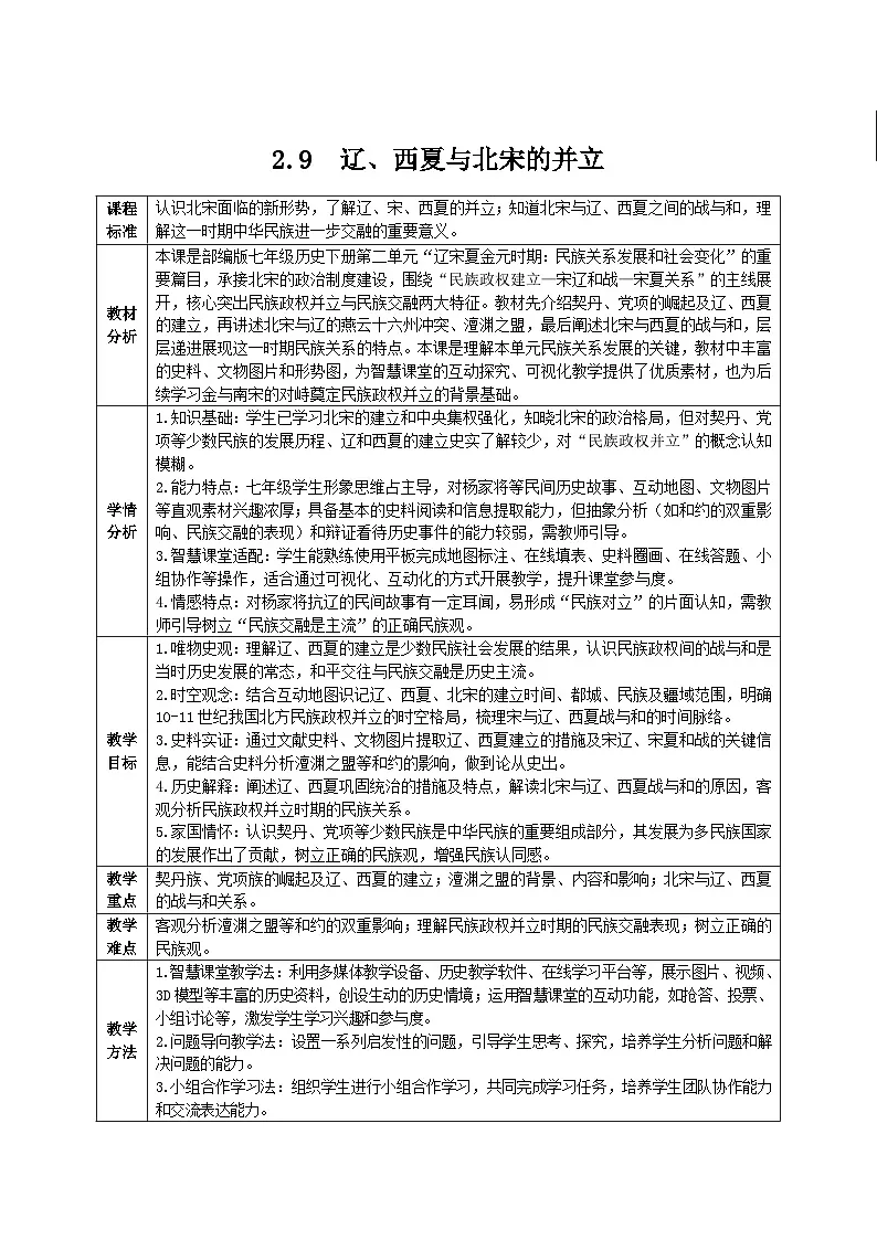 2.9 辽、西夏与北宋的并立(智慧课堂表格式教学设计)-2025-2026学年部编版(2024年新课标)七年级历史下册第1页