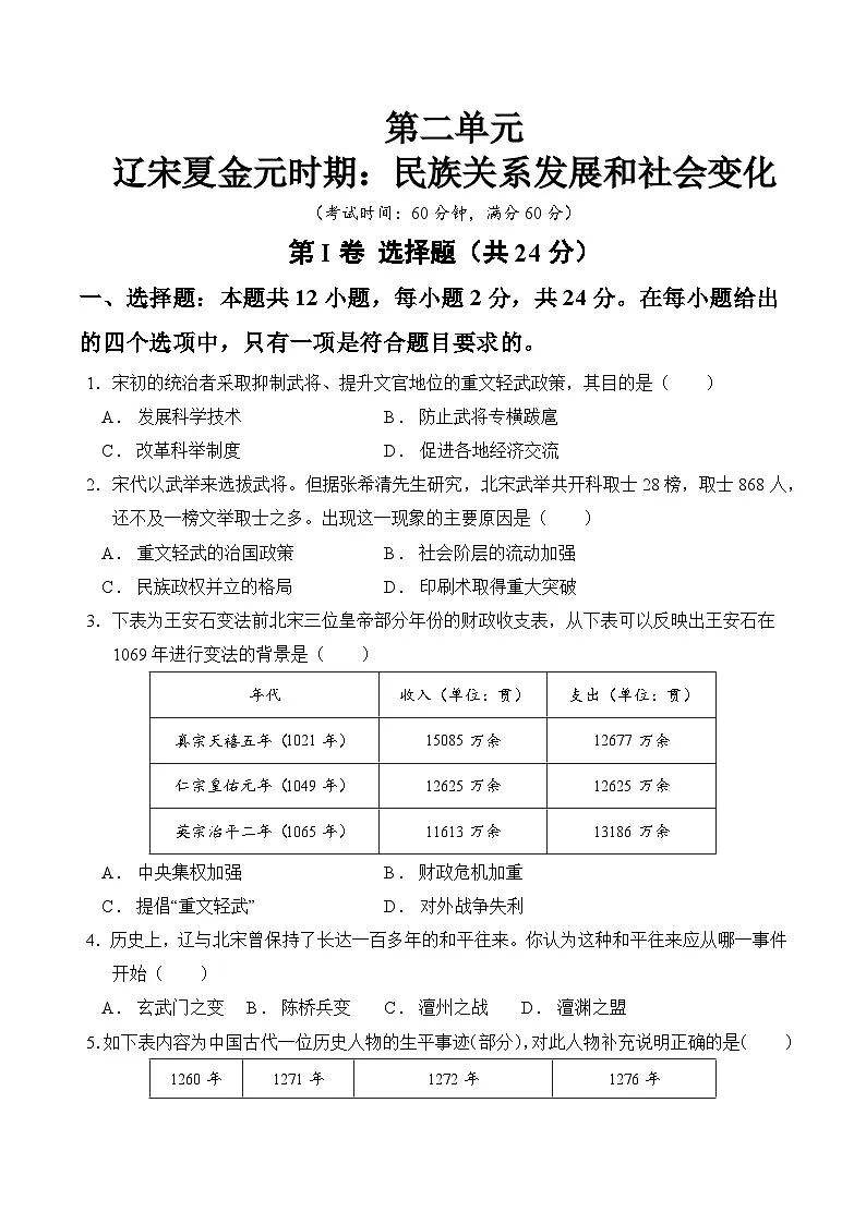 统编版2024初中历史七下第二单元《辽宋夏金元时期:民族关系发展和社会变化》测评卷(无答案)第1页
