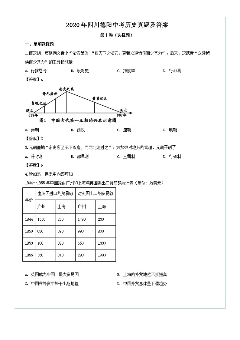2020年四川德阳中考历史试卷及答案01