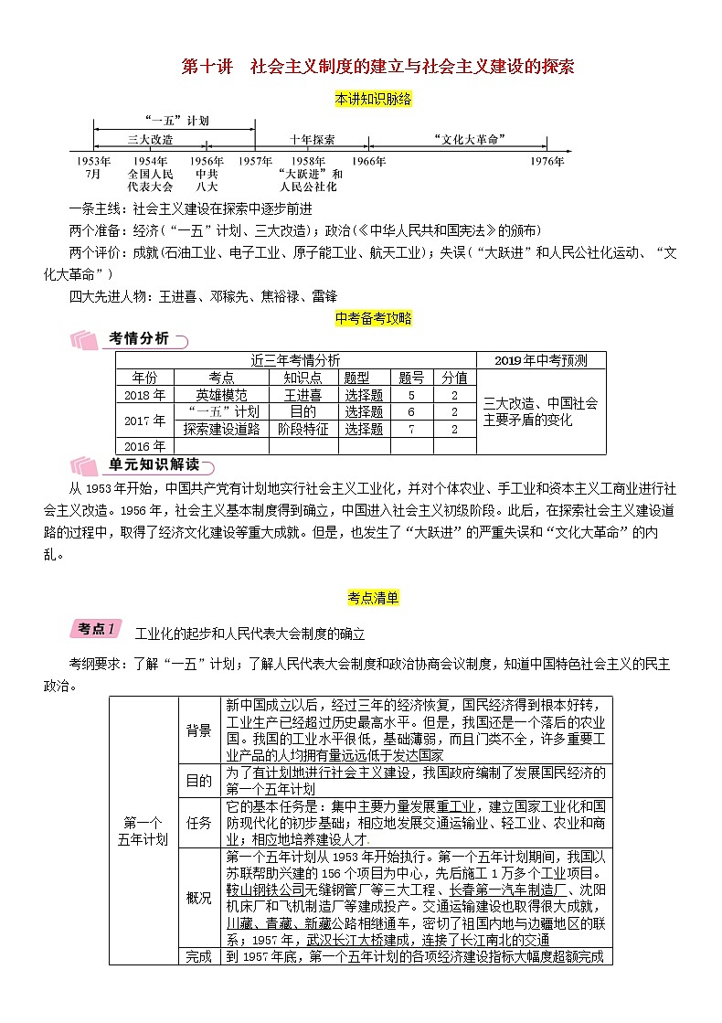 中考历史总复习 模块2中国现代史第10讲《社会主义制度的建立与社会主义建设的探索》精讲试题(含答案)01