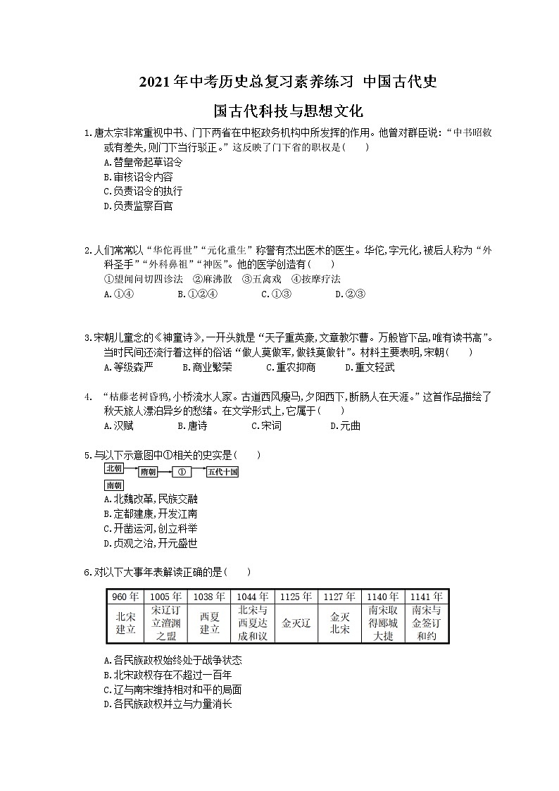 2021年中考历史总复习素养练习 中国古代史 国古代科技与思想文化(含答案)01
