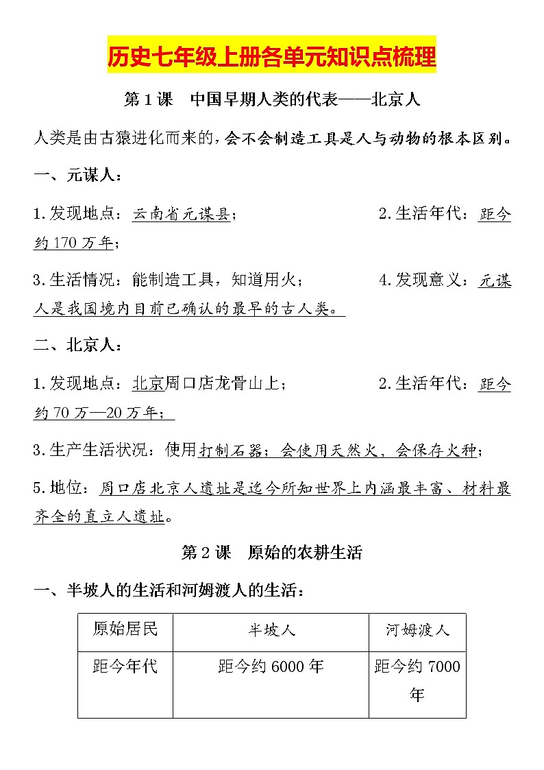 部编版七年级上册历史期末知识总结(1)01