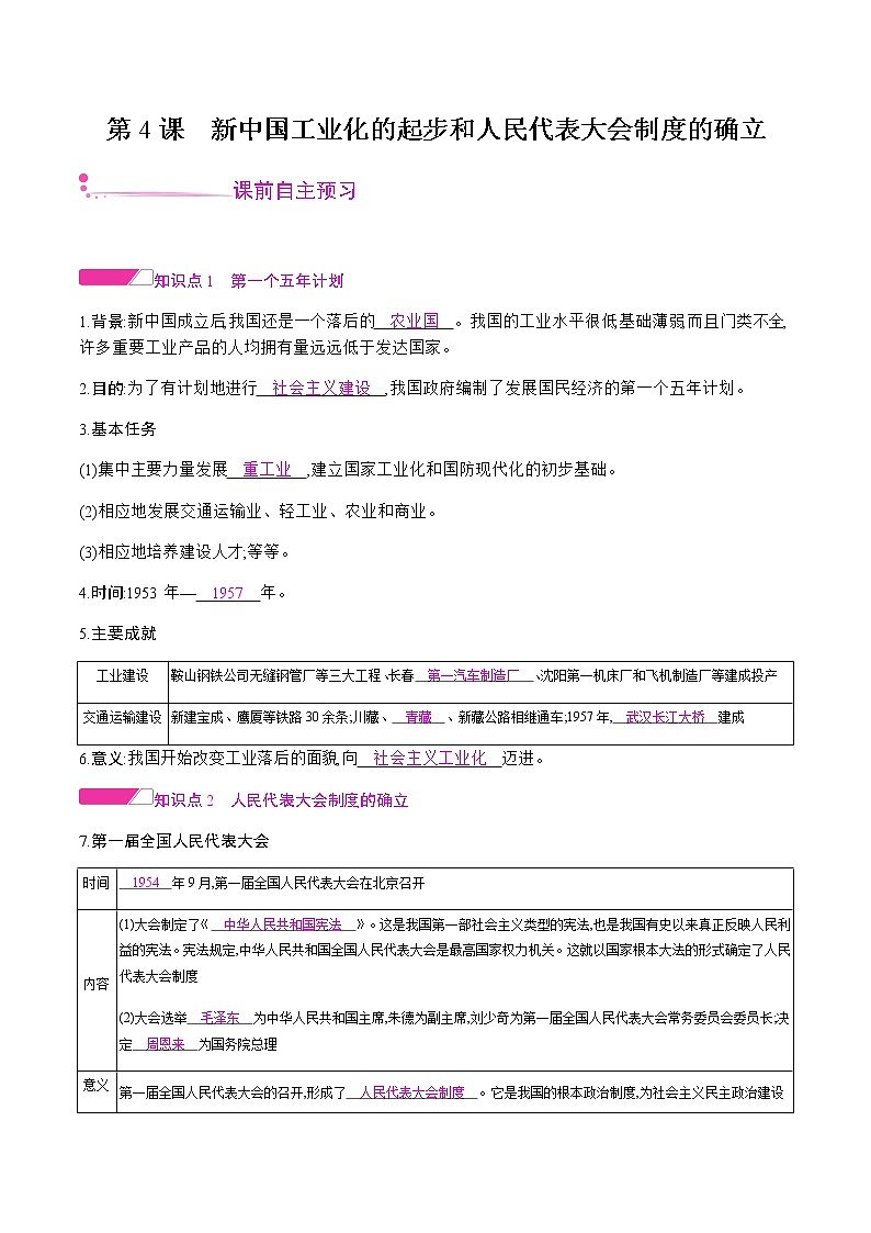 第4课 新中国工业化的起步和人民代表大会制度的确立 讲义-2021年春部编版历史八年级下册第1页