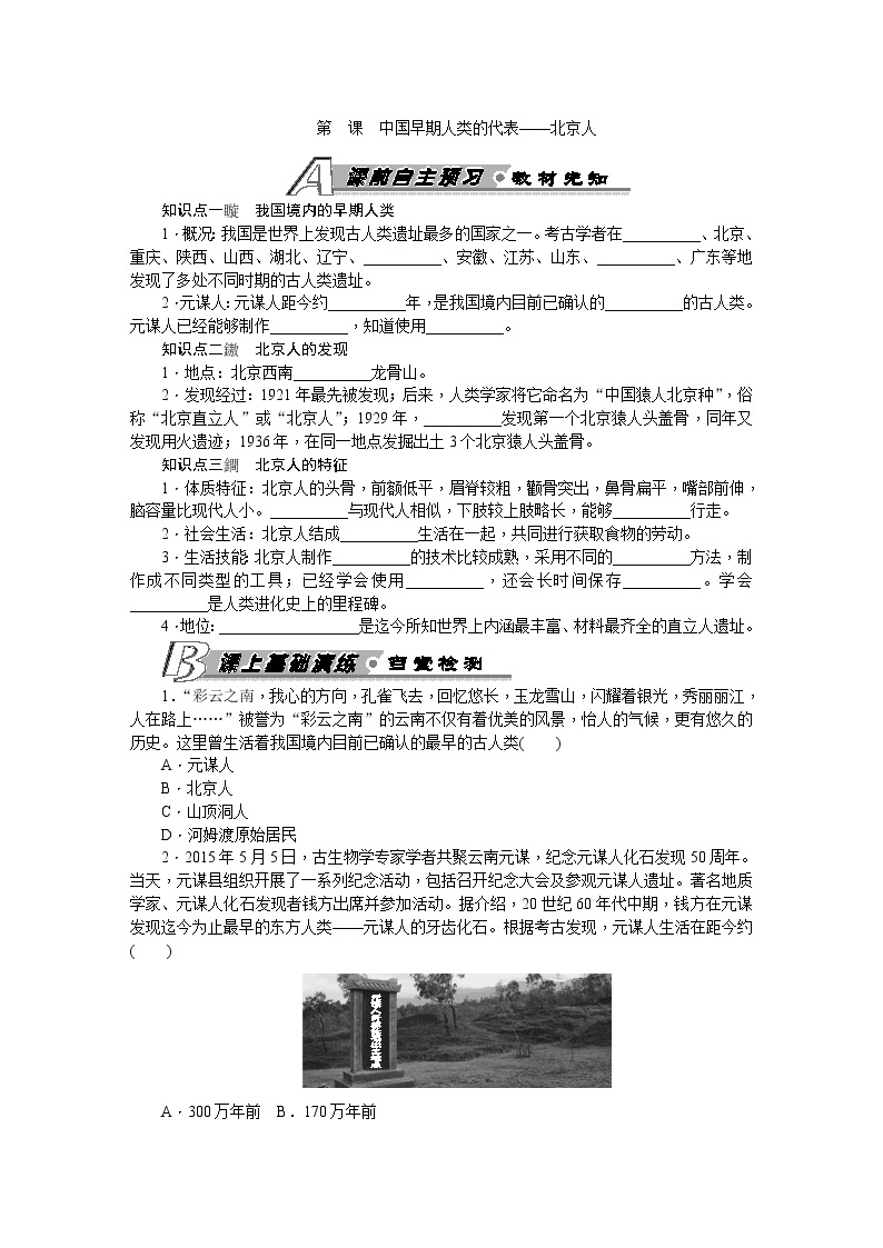 第1课中国早期人类的代表——北京人 习题 含答案01