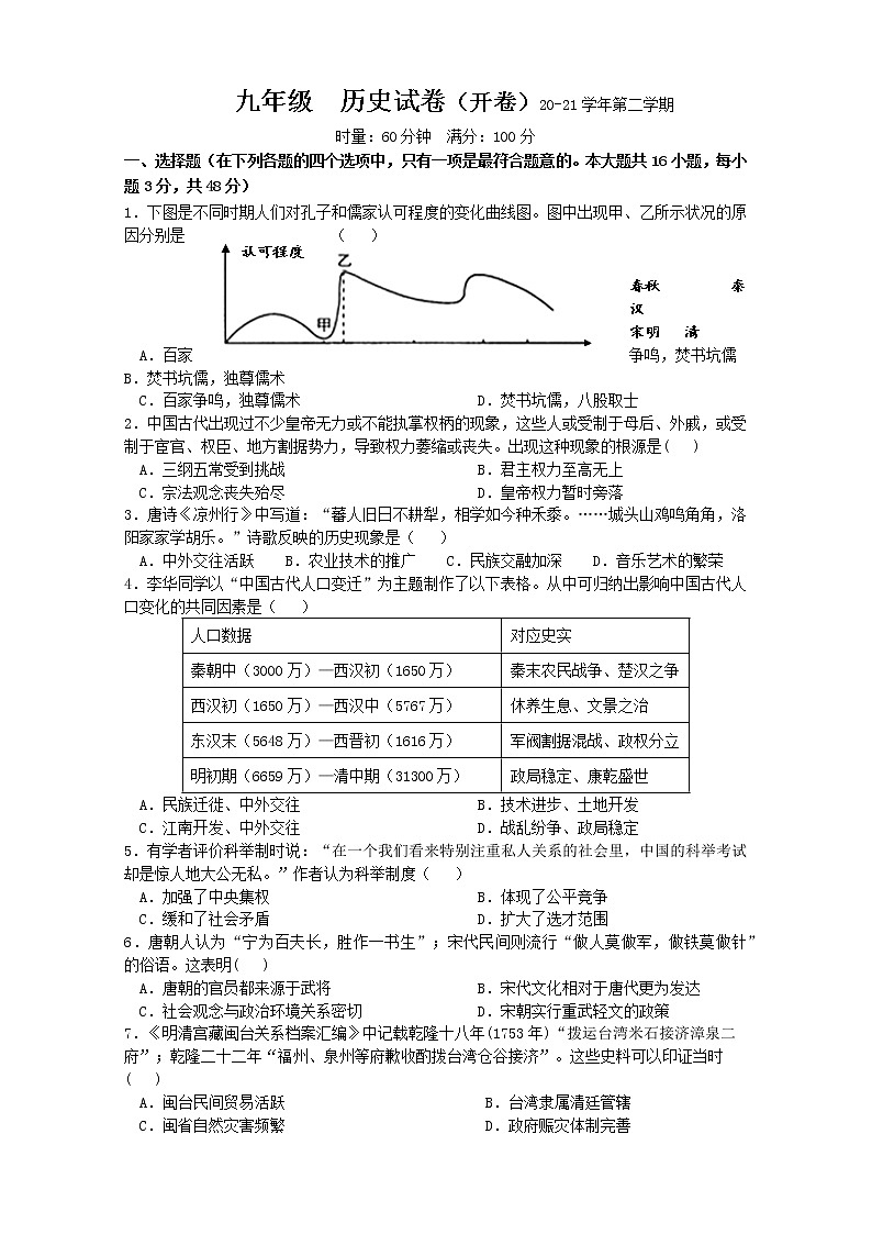 湖南省长沙市2020-2021学年九年级下学期期中考试历史试题(word版 含答案)01