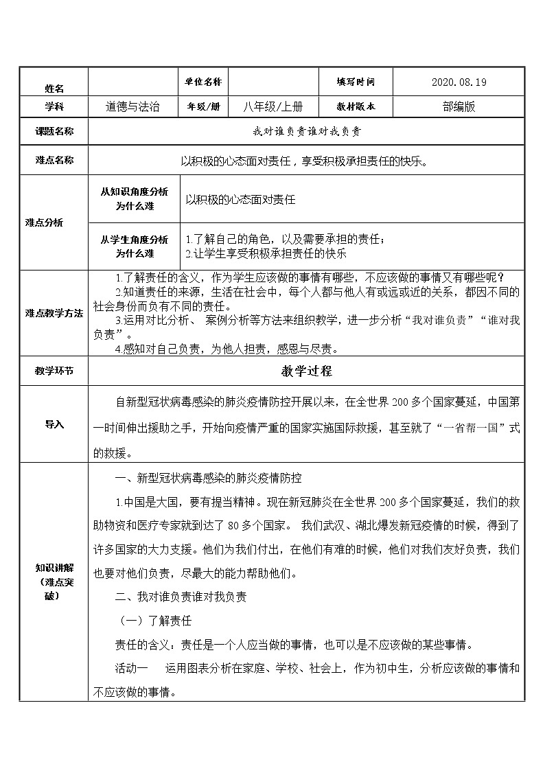 部编版八年级道德与法治上册 6.1 我对谁负责 谁对我负责 教案01