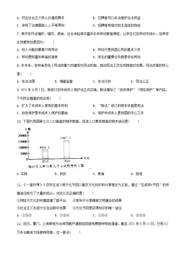 2021年吉林省中考道德与法治真题(原卷版)第2页