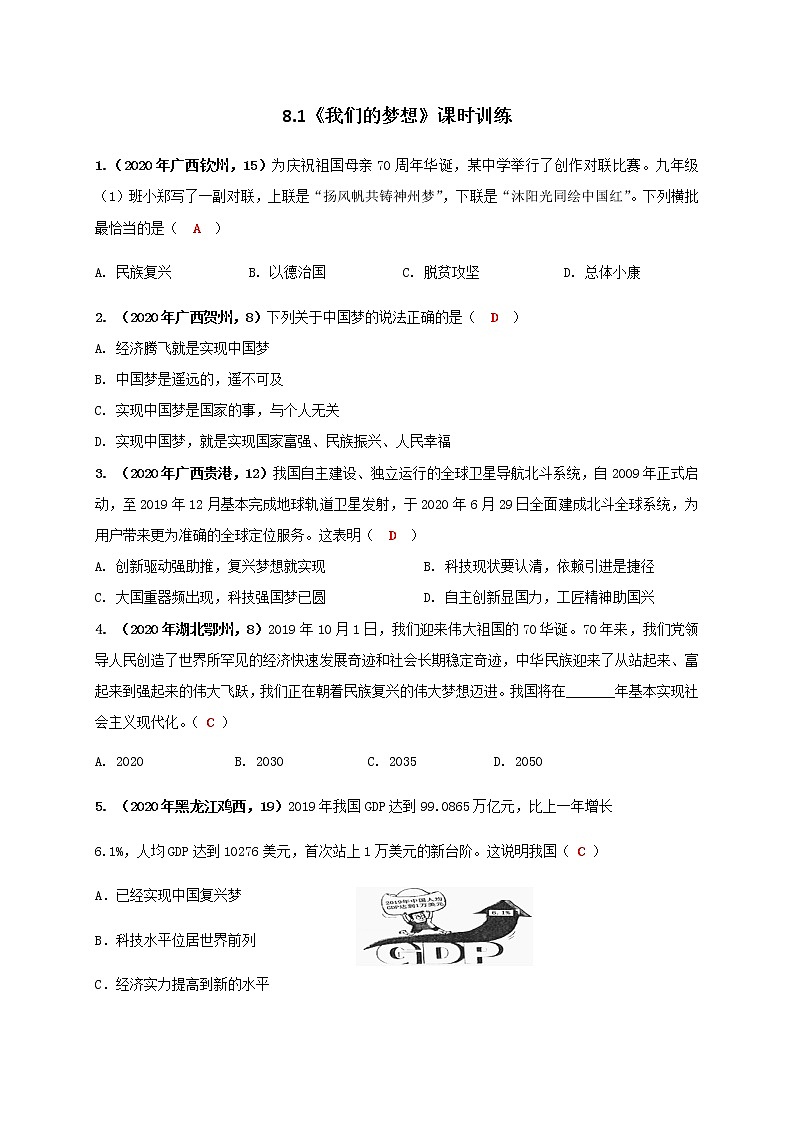 8.1 我们的梦想 练习(2020年中考真题)-2020-2021学年部编版道德与法治九年级上册01