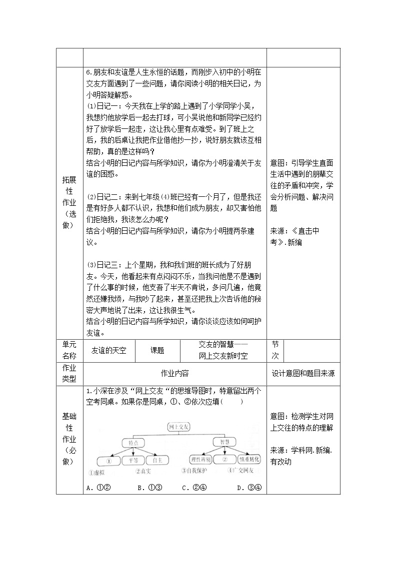 2021-2022学年部编版道德与法治七年级上册 第五课 交友的智慧 书面作业设计样例教案03