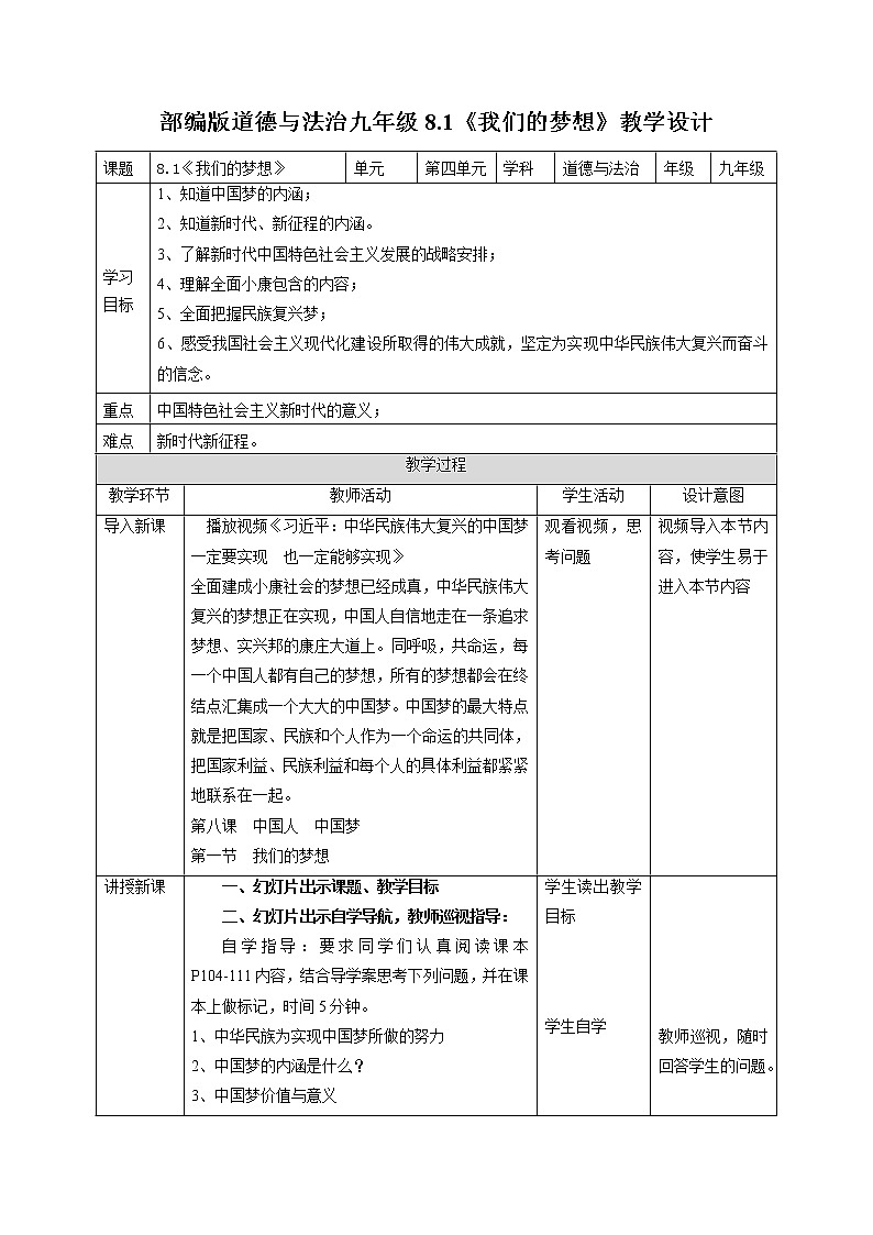 2021-2022学年部编版道德与法治九年级上册8.1 我们的梦想 教案第1页