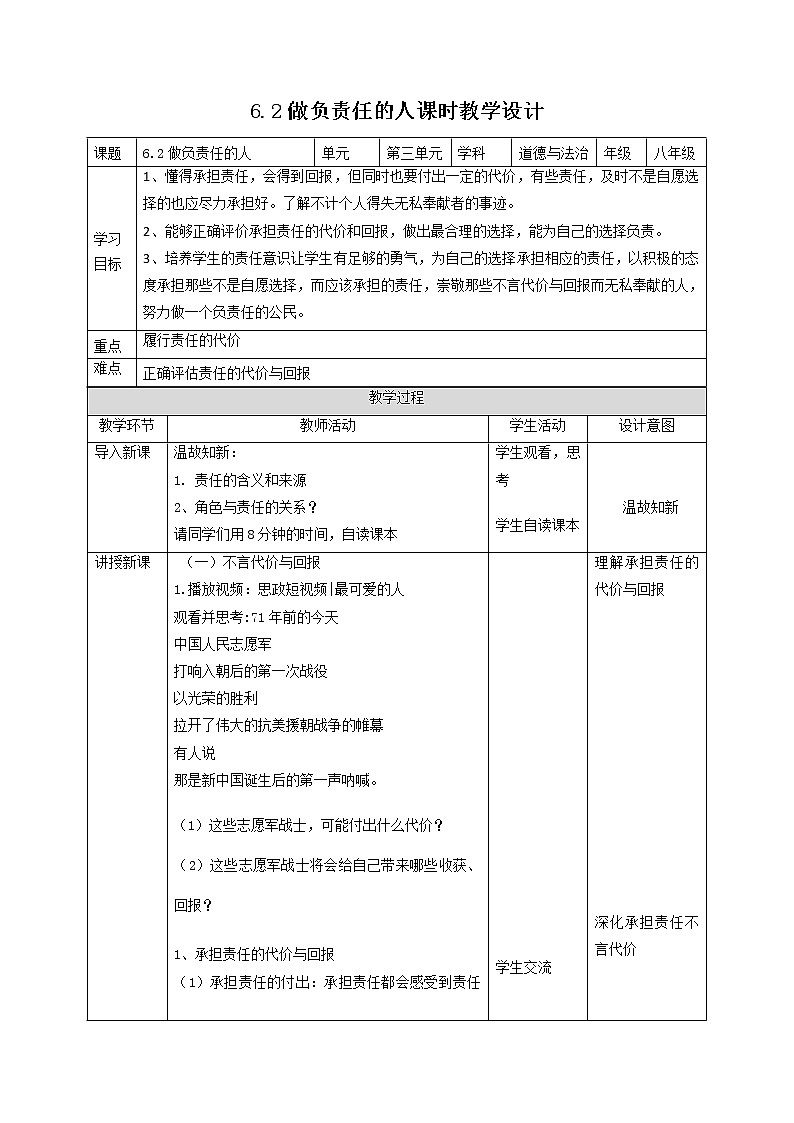 2021-2022学年部编版道德与法治八年级上册6.2 做负责任的人 教案01