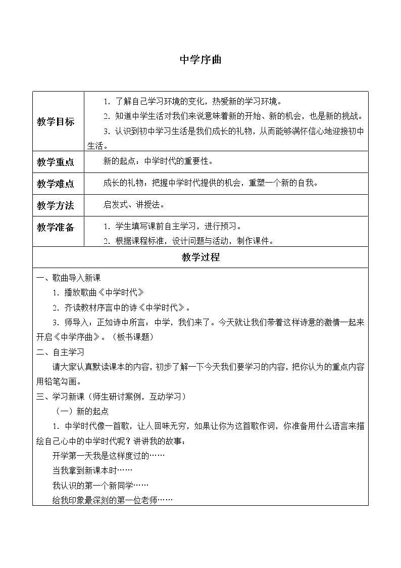 部编版(五四制)道德与法治六年级全一册  1.1 中学序曲(教案)第1页