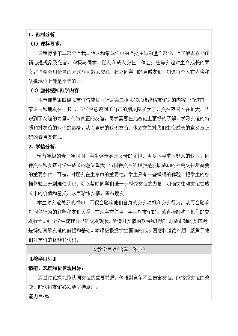 部编版(五四制)道德与法治六年级全一册 4.2 深深浅浅话友谊(教案)01