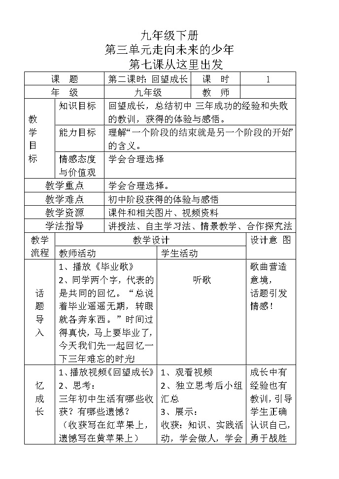人教部编版道德与法治九年级下册:回望成长 教案第1页