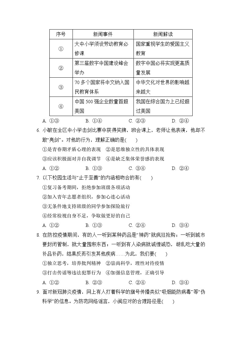 人教版七年级下册道德与法治 第二学期期中测试卷02