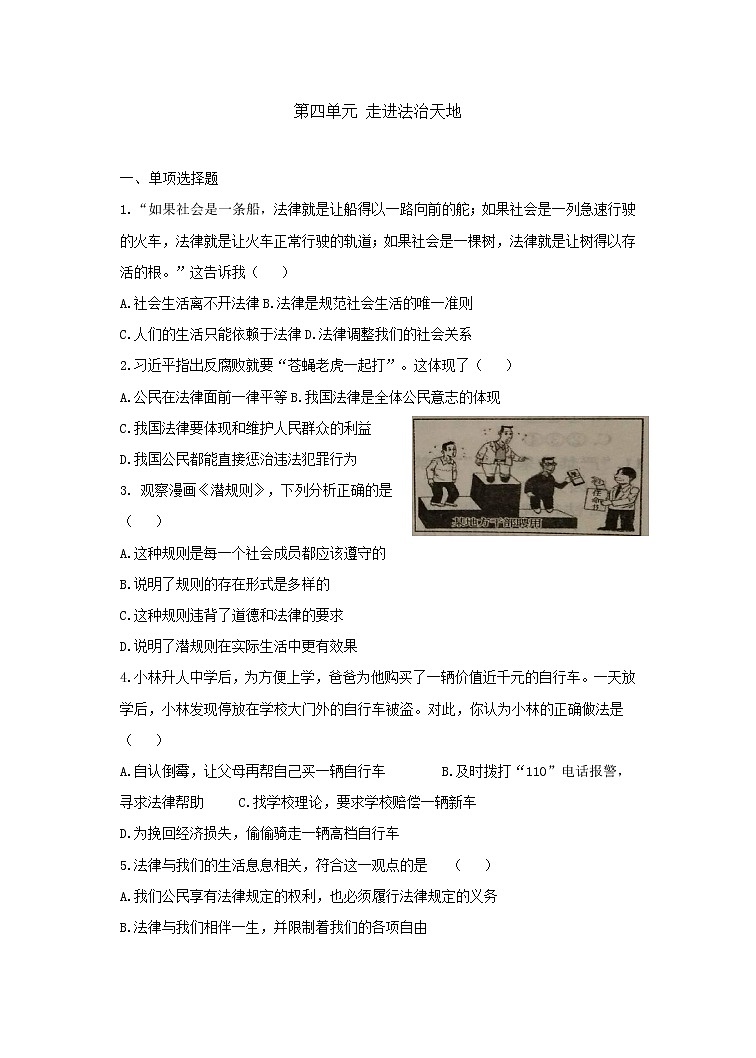 最新部编版道德与法治七年级下册 第四单元 走进法治天地 测试卷01