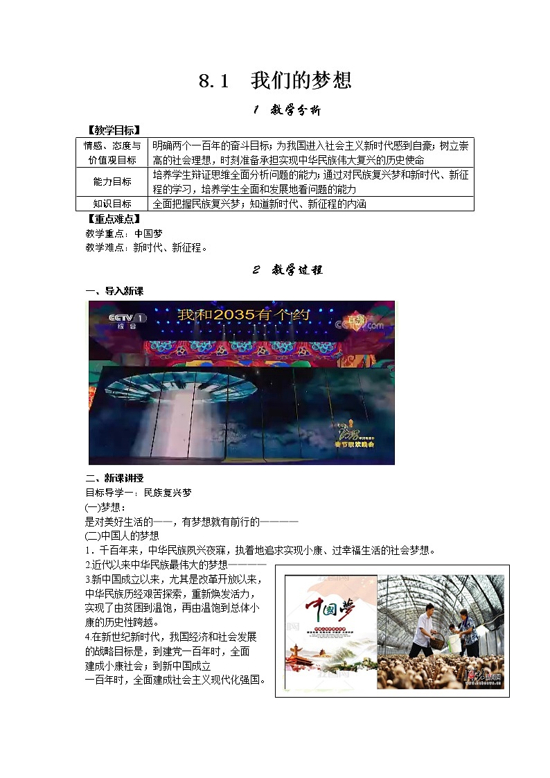 8.1 我们的梦想-部编版道德与法治九年级上册教案第1页