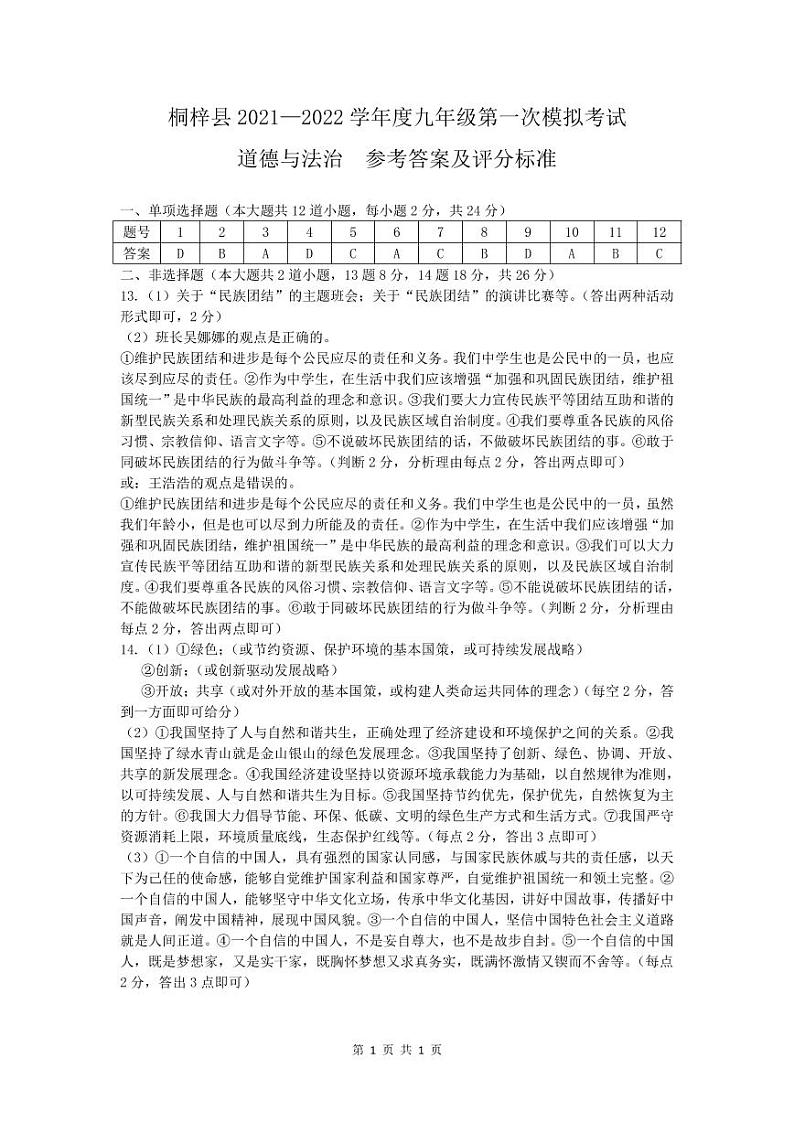 2022年贵州省桐梓县中考一模文科综合道德与法治试卷01